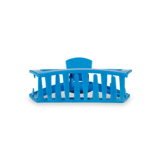 Blue open hair clip with vertical slat design and hinged closure mechanism