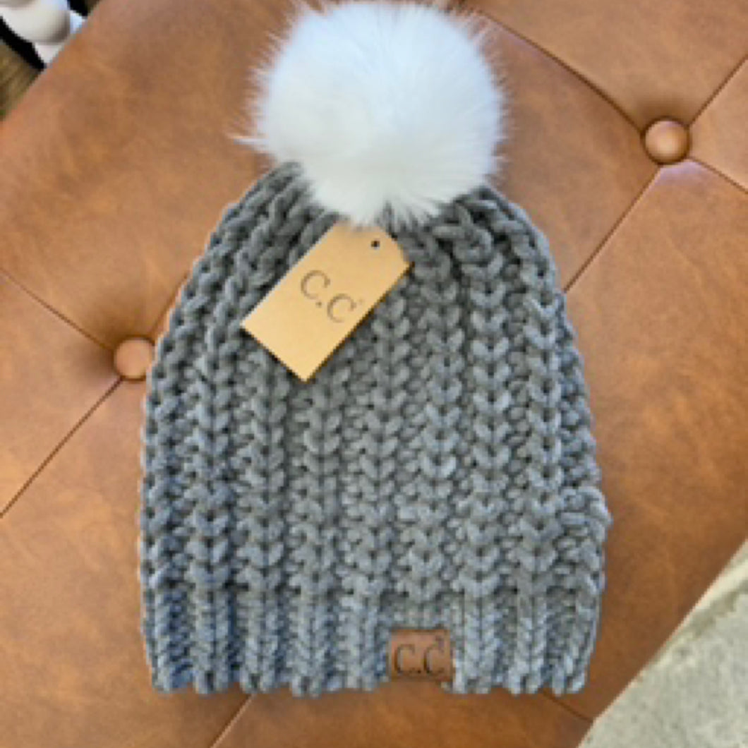 Gray Chenille Pom Knit Beanie