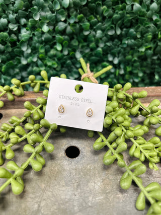 Pear-cut stud earrings on white card displaying stainless steel 316L marking, styled with green foliage.