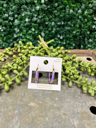 Purple and gold hoop earrings displayed on packaging card surrounded by green succulent plants on wooden surface.