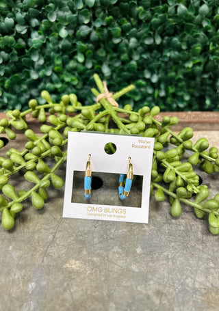 OMG Bling Playful Pop Hoops earrings on display card with decorative green plants in background