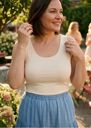 Woman wearing cream reversible cami tank top with blue skirt, smiling outdoors in natural lighting.