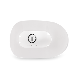 TELETIES round flat hair clip in white displayed on minimalist packaging with brand logo
