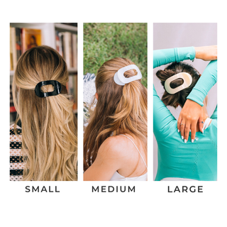 Three women wearing round flat hair clips in different sizes - small, medium, and large variations.