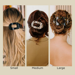 Three women showing different hairstyles using round flat hair clips in small, medium, and large sizes.