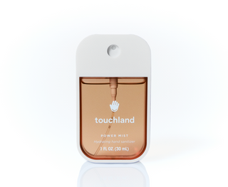 Touchland Power Mist hydrating hand sanitizer spray bottle with white cap, 1 fl oz.