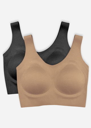 Two seamless wireless bras in different colors displayed on white background