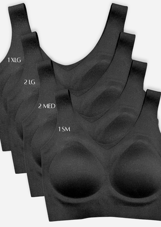 Four black seamless bras stacked and fanned out showing different sizes with white text labels