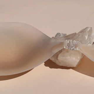 Silicone stick-on bra with clear storage case displayed on neutral beige surface with crystals