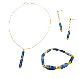 Sodalite stone and gold bead bracelet displayed alongside matching necklace and drop earrings set.