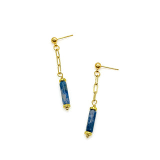 Alegria Accessories Skye Earrings with gold paperclip chain, ball stud, and cylindrical stone pendant drop.