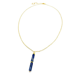Alegria Accessories Skye Necklace with gold chain and cylindrical gemstone pendant drop.