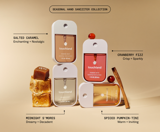 Touchland Spiced Pumpkin-Tini Power Mist hand sanitizer displayed among seasonal scents with cinnamon sticks nearby.