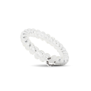 Clear spiral hair coil ties with TELETIES branding on transparent background
