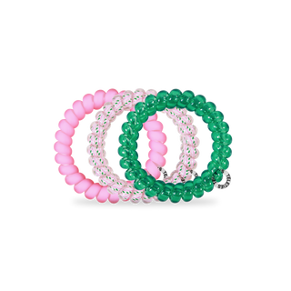 Stack of spiral hair coils in pink and green colors with clear twisted design variations