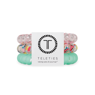 TELETIES spiral hair coils in clear, multicolor and mint green displayed in product packaging