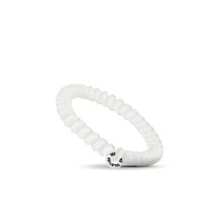 White spiral hair coil with brand logo on black background