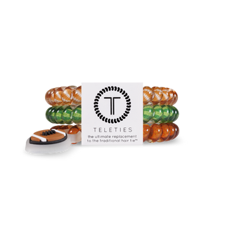 TELETIES spiral hair coils in football-themed colors with decorative football charm and branded packaging card.
