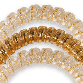 TELETIES spiral hair coils with clear translucent design and gold chain detail, arranged in arch shape.