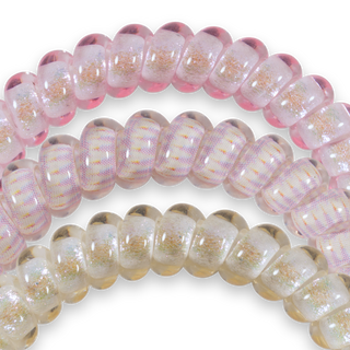 Three spiral hair coils with translucent and glittery finishes displayed on black background