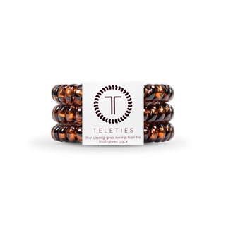 TELETIES spiral hair coils in tortoiseshell pattern with branded packaging label