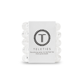 TELETIES spiral hair coils package showing clear hair ties with brand logo and product description
