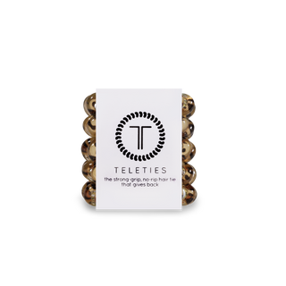 TELETIES spiral hair coils in leopard print pattern with product packaging and branding