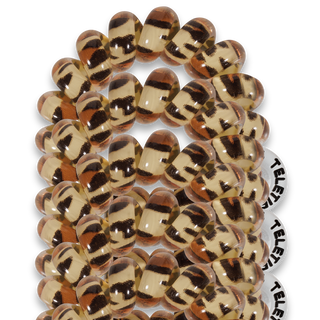 Spiral hair coils with leopard print pattern arranged in rows on black background