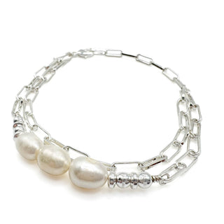Silver chain bracelet with baroque pearls and metal beads from Alegria Accessories Inc.