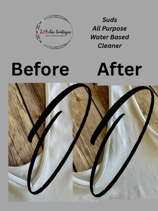 Before and after comparison showing white shirt with stain removed using SUDS All Purpose Water Based Cleaner