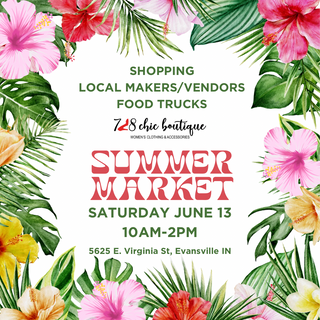 Summer Market event flyer with tropical hibiscus flowers and palm leaves border announcing shopping and vendors.
