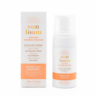 SunFoam sunless tanning mousse bottle and packaging box with coconut kiss fragrance by Mixologie
