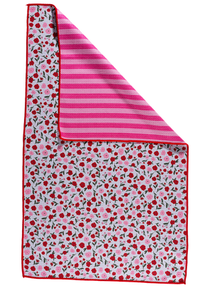 Sweet Blooms Kitchen Towel with floral pattern on one side and pink stripes on reverse side