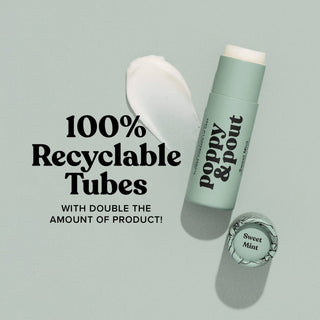 Poppy & Pout Sweet Mint lip balm in recyclable green tube with promotional text on mint background