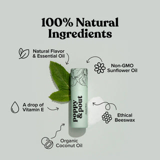 Sweet Mint lip balm tube with natural ingredients labeled around it including beeswax, coconut oil, and vitamin E.