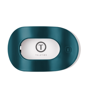 TELETIES large flat round hair clip in a rich teal color with white interior logo panel