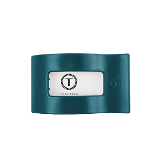 TELETIES flat rectangle hair clip in a rich teal color with branded logo window detail.