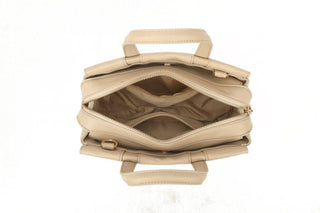 Open beige leather satchel bag showing multiple interior compartments and pockets with dual handles