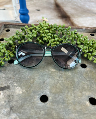 Stayson Luna sunglasses with dark lenses displayed on rustic wooden tray with green succulent plants