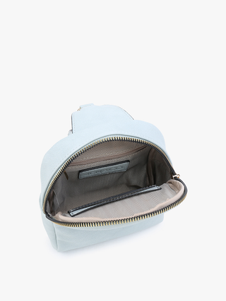 Light blue sling bag with zipper open showing patterned interior lining and compartments