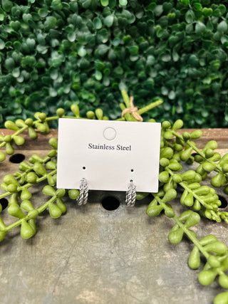 Stainless steel twisted chain hoop earrings displayed on white card with green plant backdrop.