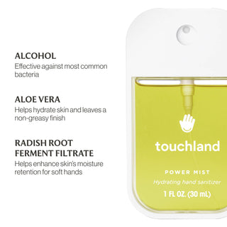 Touchland Power Mist hydrating hand sanitizer bottle with ingredient benefits listed: alcohol, aloe vera, radish root ferm...