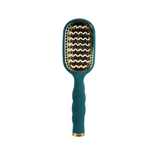 TELETIES Vented Hair Brush with gold interior, wavy vents, cushioned bristles, and ergonomic handle.