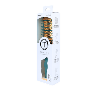TELETIES Vented Hair Brush in packaging showcasing quick-heat plate, comfortable grip, and removable cleaner features.
