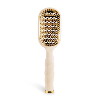 TELETIES vented paddle hair brush with gold-toned bristles and twisted ergonomic handle on black background.