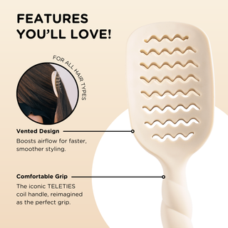 TELETIES vented hair brush with wavy slot design and coil-inspired handle for all hair types.