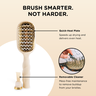 TELETIES vented hair brush with gold quick-heat plate and removable bristle cleaner tool displayed.