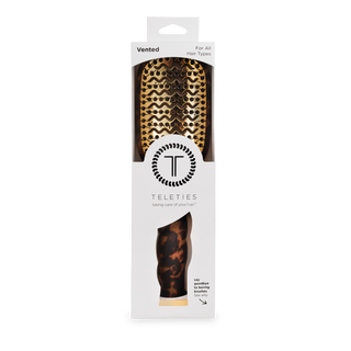 TELETIES vented hair brush in tortoise pattern packaging, suitable for all hair types.