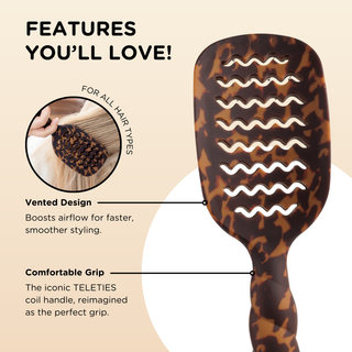 TELETIES vented hair brush with wavy slots, tortoise pattern, and coil-inspired comfortable grip handle.