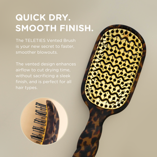 TELETIES Vented Hair Brush with gold vented base, tortoise-print handle, and close-up bristle detail.